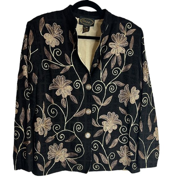 Vtg Alex Kim Black Textured Jacket Sparkly Buttons Beadwork Embroidery Floral M - Picture 1 of 8